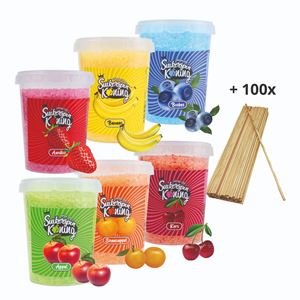Suikerspinsuiker 6 smaken + 100 stokjes Suikerspinsuiker 6 smaken + 100 stokjes