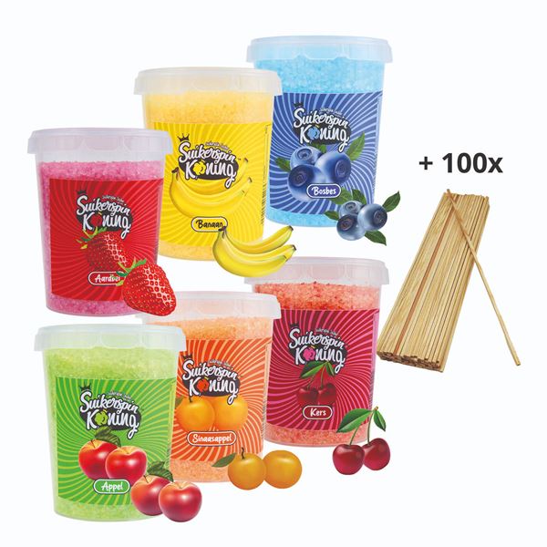 Suikerspinsuiker 6 smaken + 100 stokjes Suikerspinsuiker 6 smaken + 100 stokjes