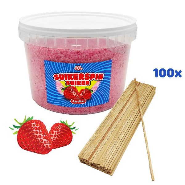 2 KG Aardbei Suikerspinsuiker + 100 Stokjes